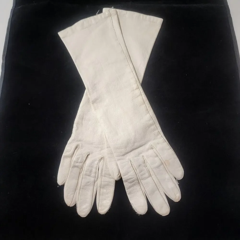 Vintage white kidskin leather opera-length gloves